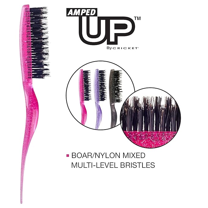 Cricket Amped Up Teasing Hair Brush - Adds Major Volume and Shine, Heat Resistant, Ideal for Slick Back Hair, Updos, and Detangling All Hair Types, Ergonomic Handle and Sectioning Tip, Sparkle Pink