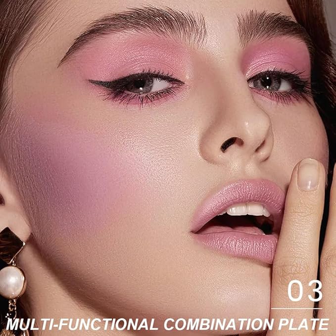 6-in-1 Cream & Powder Makeup Palette for Old Women – Blush, Highlighter & Eyeshadow, Matte & Shimmer Finish, Rose Nude Tones, Travel-Friendly Compact 03