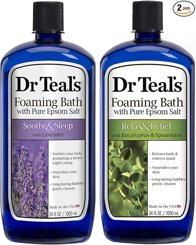 Dr Teal's Foaming Bath Variety Gift Set (2 Pack, 34oz ea.) - Soothe & Sleep Lavender & Relax & Relief Eucalyptus & Spearmint - Pure Epsom Salt & Essential Oils Alleviate Stress & Clear The Mind