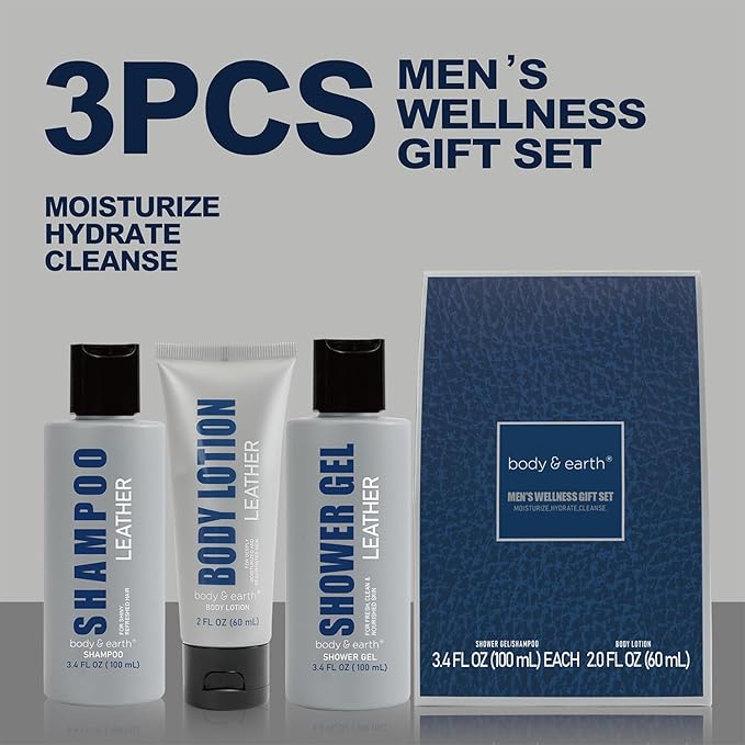 Bath and Body Gift Set for Men Self Care Kit with Leather Scent Shower Gel, Body Lotion, Shampoo, Self care gifts for Men,regalos para hombre, Birthday Gifts for Him