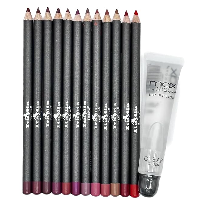 Italia Deluxe Lip Liner Ultra Fine Long-Lasting Pack of 12 and Max Makeup Cherimoya Ultra Fresh Clean Clear Lipgloss Set Variety Bundle (Colors may vary)