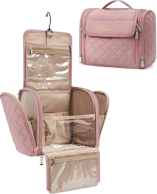 BAGSMART Makeup Bag for Women with Hanging Hook, Large Portable Capacity Water-resistant Organizer Travel Case for Toiletries and Cosmetics, Pink