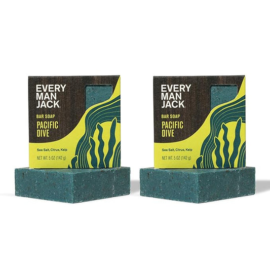 Every Man Jack Cold Plunge Mens Bar Soap - Pacific Dive Scent with notes of Sea Salt, Kelp, Refreshing Citrus - Deeply Cleans, Hydrates with Naturally Derived Ingredients and Light Grit - 5oz 2 Pack