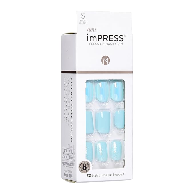 KISS imPRESS No Glue Mani Press On Nails, Design, 'Rain Check', Blue, Short Size, Squoval Shape, Includes 30 Nails, Prep Pad, Instructions Sheet, 1 Manicure Stick, 1 Mini File