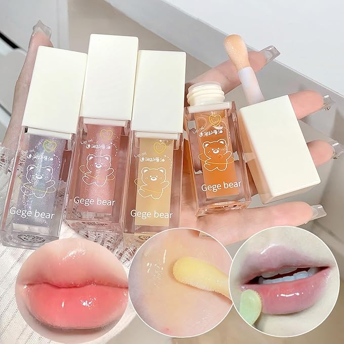 4Pcs Hydrating Lip Glow Oil, Moisturizing Lip Oil Transparent Plumping Lip Gloss Long Lasting Nourishing Non-sticky, Lip Oil Tinted for Lip Care and Dry Lips
