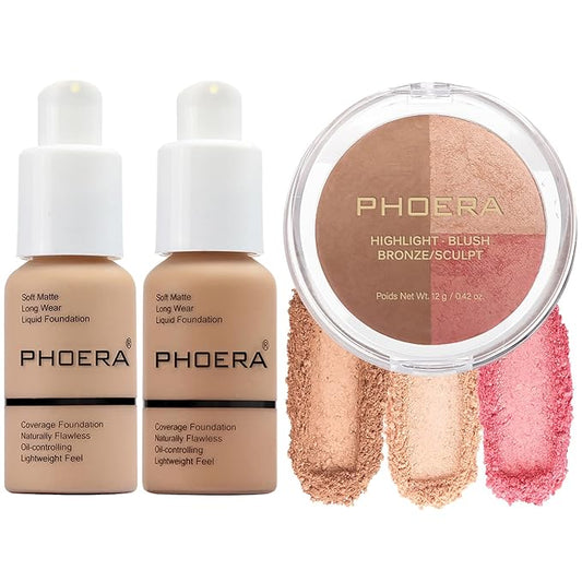 PHOERA Foundation, PHOERA Contour Palette,Shades with Highlighter & Contour/Buff Beige+Sand+#002)