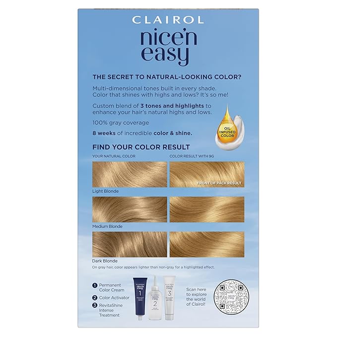 Clairol Nice'n Easy Permanent Hair Dye, 9G Light Golden Blonde Hair Color, Pack of 3