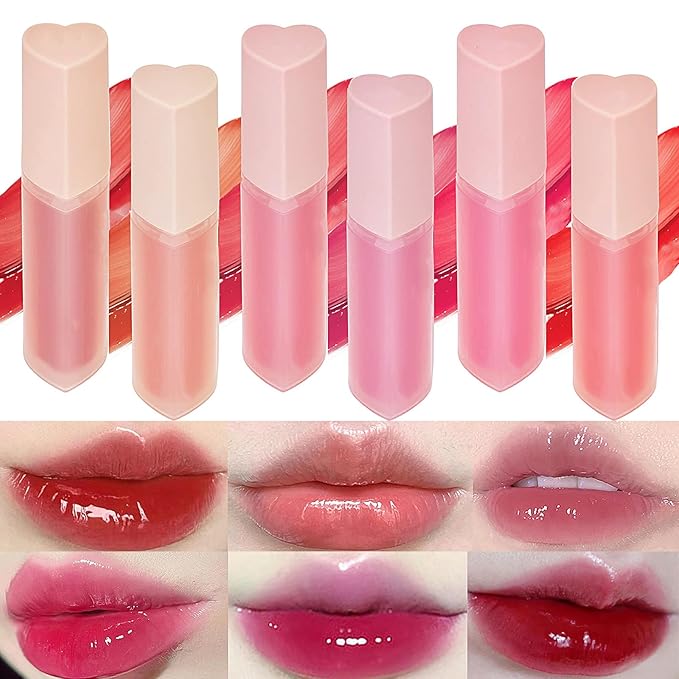 6Pcs Juicy Lasting Tint Lip Gloss Set, Vivid Color, Glossy Finish, Long-lasting Moisturizing Glaze Tint Highly-Pigmented, Clear & Natural Makeup Lip Tint for Daily