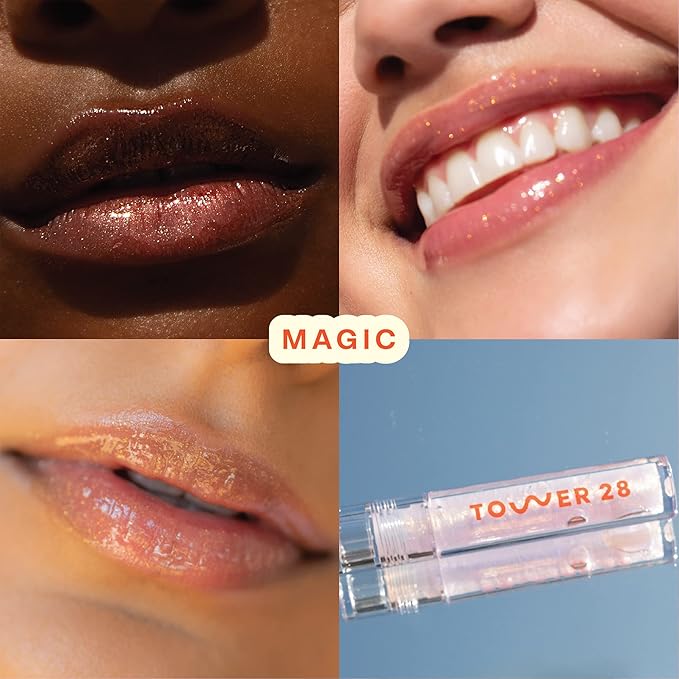 Tower 28 ShineOn Lip Jelly, MAGIC, Non-Sticky, Hydrating Vegan Lip Gloss in Clear with Gold Shimmer, Moisturizing Apricot and Raspberry Seed Oil, Clean, Cruelty Free
