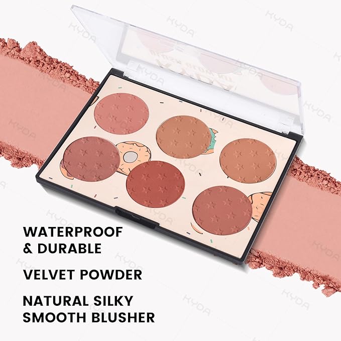 KYDA 6 Colors Blush Palette, Matte and Shimmer Blush Palette, Smooth Blendable Powder, Multiuse Blusher Makeup with Contour Highlighter-Set A