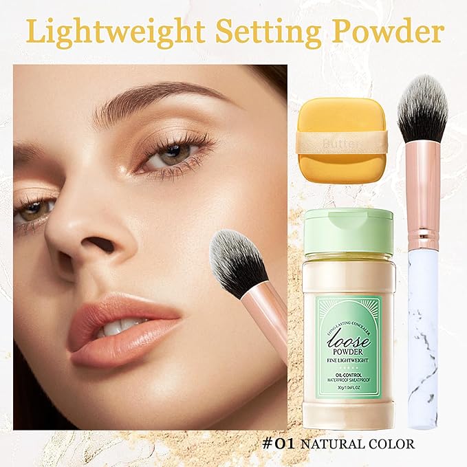 Lightweight Setting Powder,Waterproof Oil Control Translucent Face Powder,Smooth Puff（Natural Color）