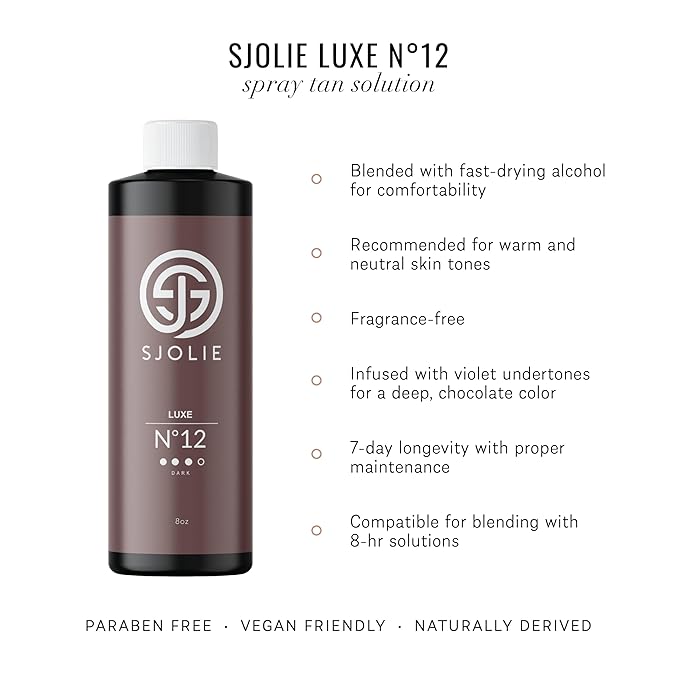 SJOLIE Spray Tan Solution - Luxe 12 - Violet Based Dark Blend | Sunless Tanning Solution for Deep, Dark Bronze Finish, All Natural (8oz)