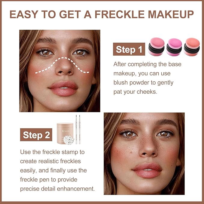 Erinde Natural Freckle Blush Makeup Kit - Liquid Freckle Pen & Fake Freckles Stamp Air Cushion & Powder Cushion Blush, Long Lasting Waterproof Freckles Tattoo Marker for Natural Sunkissed Makeup