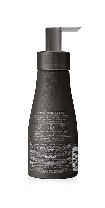 Method Premium Foaming Hand Wash, Vetiver + Amber, Reusable Black Aluminum Bottle, Biodegradable Formula, 10 fl oz (Pack of 3)