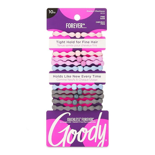 Goody Ouchless Forever Hair Elastics, 10 Ct, Assorted Colors, Damage-Free Bands, 3X Stronger Elastic Ties, Retainable Shape, 16 Strand Inner Core, Styling Accessories for Women & Men, All Hair Types