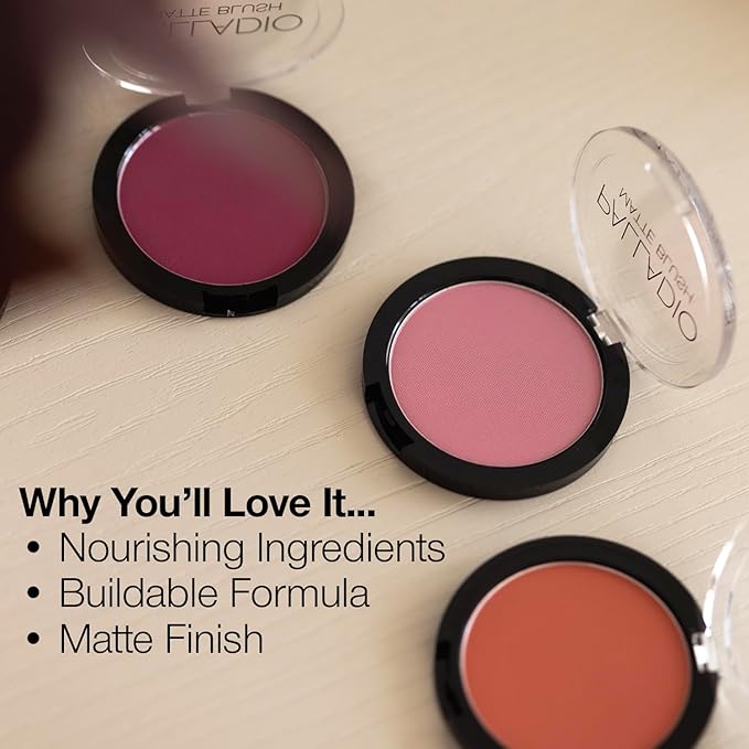 Palladio Matte Blush, Brushes onto Cheeks Smoothly, Soft Matte Look and Even Finish, Flawless Velvety Coverage, Effortless Blending Makeup, Flatters the Face, Convenient Compact, Bayberry