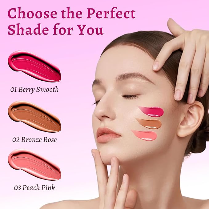 UCANBE 3PCS Liquid Blush Set – Dewy Cream Blush Makeup for Cheeks – Lightweight Long Lasting Blendable Buildable Formula for Natural Flush（Berry Smooch, Bronze Rose, Peach Pink）