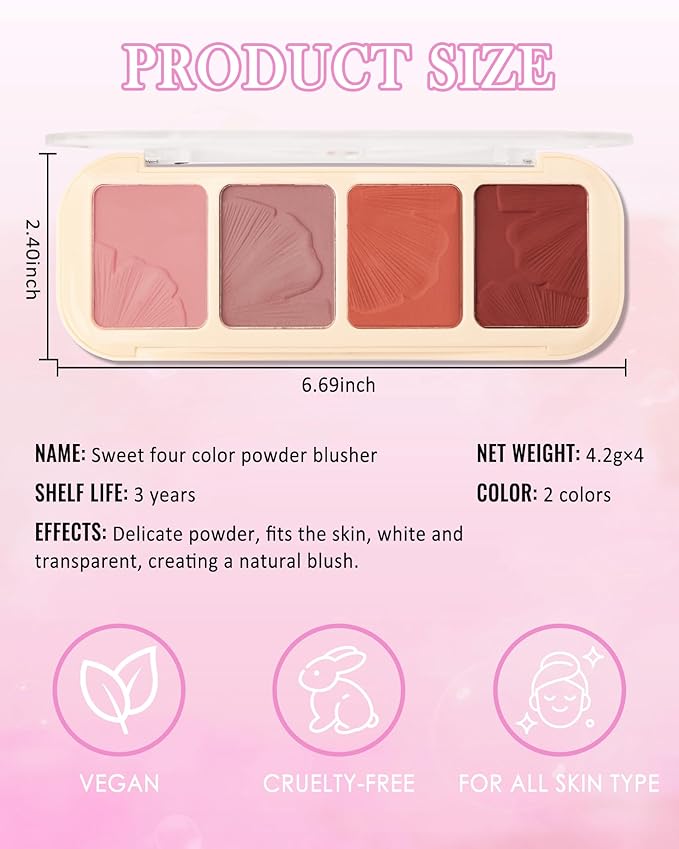 Matte Face Blush Palette Kit with Brush-4 Colors Pink Purple Orange Silky Mineral Blendable Blusher Contour Powder for Cheeks,Longlasting Professional Facial Beauty Makeup Gift for Women Girl-Set 01