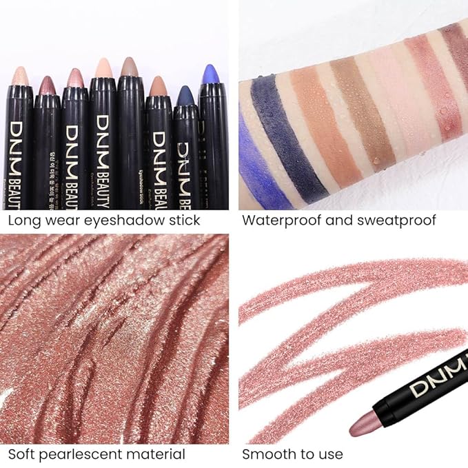 evpct 8Pcs Cream Eye Shadow Brightener Sticks Set for Eyes, Sand Orchid Rose Desert Ginger Caramel Midnight blue Blue Glitter Shimmer Matte Liquid Pencil Eye shadow Applicator Stick Palette Makeup 04