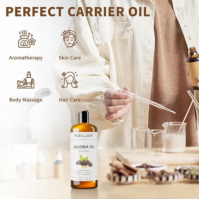 Jojoba Carrier Oil for Skin Pure Massage Oils 16 fl.oz.Cold Pressed Unrefined Natural Jojoba Oil for Hair,Face Body,Ear Stretch,Nails,Deeply Moisturizing for Essential Oils Mixing