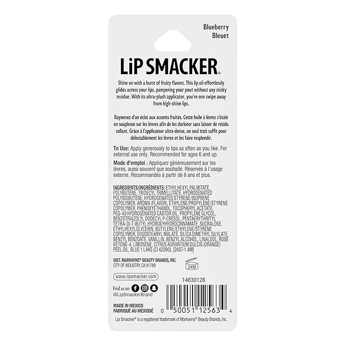 Lip Smacker Fruit Glaze Lip Oil, Ultra-Hydrating & Moisturizing with High-Shine Finish, Plush Applicator for Effortless Glide, Delicious Non-Sticky Flavor - Blueberry