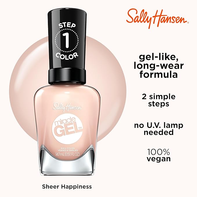 Sally Hansen Miracle Gel™, Sheer Happiness, Long Lasting, Gel-Like Formula, No UV Lamp Needed, Pink Nail Polish