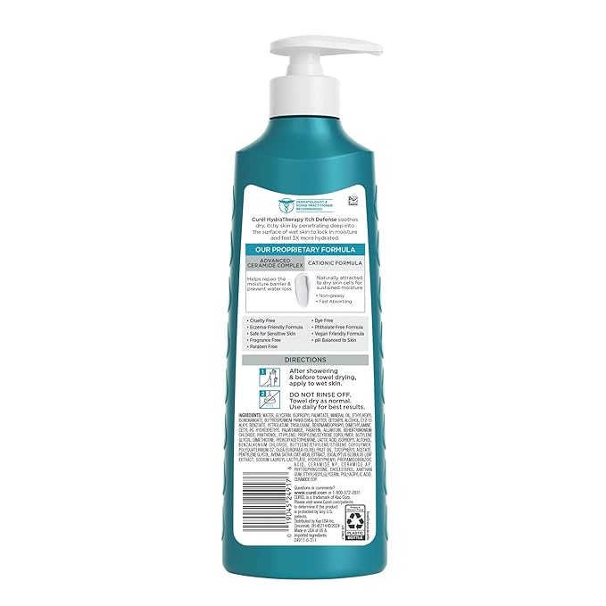 Curel Hydra Therapy, Itch Defense Moisturizer, Wet Skin Lotion, with Advanced Ceramide Complex, Vitamin E, & Oatmeal Extract, Helps to Repair Moisture Barrier, 12 Oz