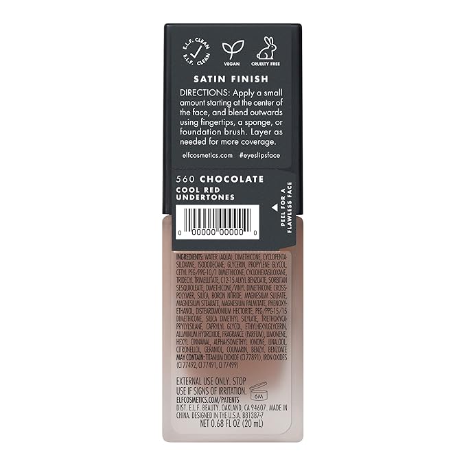 e.l.f. Flawless Satin Foundation, Lightweight & Medium Coverage, Semi-Matte Finish, Vegan & Cruelty-Free, Chocolate, 0.68 Fl Oz (20mL)