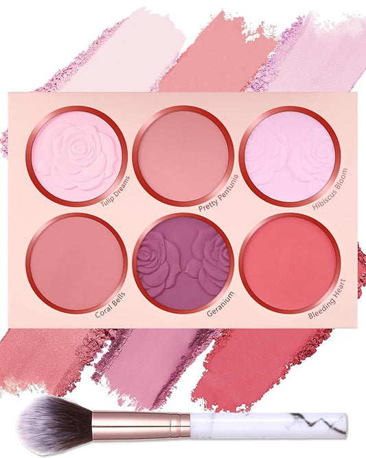 Matte Face Blush Palette with Brush-6 Colors Pink Purple Silky Mineral Blendable Blusher Contour Powder for Cheeks,Longlasting Facial Beauty Cosmetic,Mother's Day Makeup Gift for Women Girl-Set 01