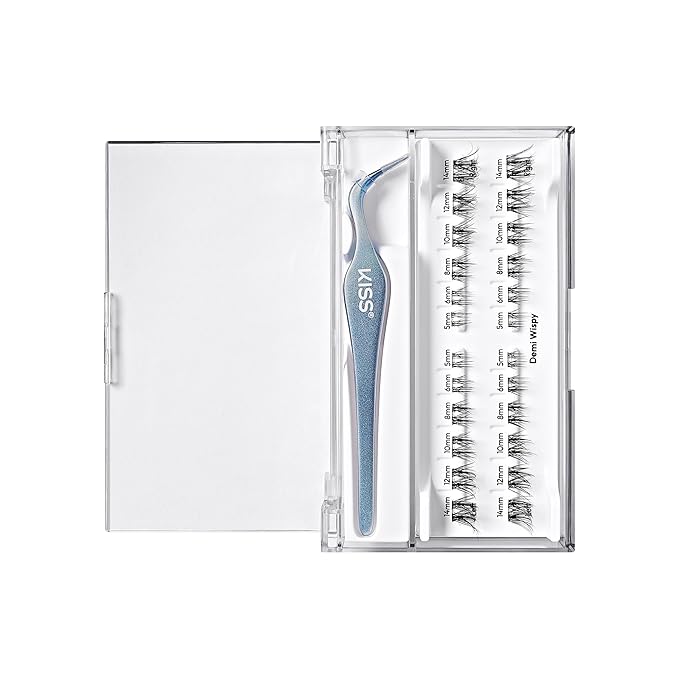 KISS imPRESS Falsies Long Lasting Self Adhesive Eyelashes, ‘Demi Wispy’, 5 Day Extended Wear, 24 Light Volume Lash Clusters (5,6,8,10,12, & 14mm), Precision Non-Stick Applicator