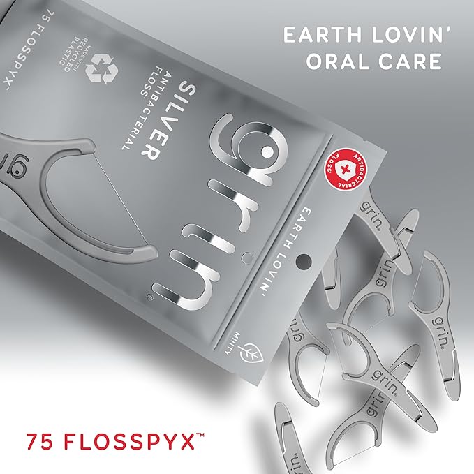 GRIN Silver Flosspyx 75 Count, Dental Flossers, Minty Flavor, Recycled Plastic, for Tight Teeth, Premium Longer Floss Head, Cleans Between Teeth, Includes Safe Soft Fold-Back Tooth Pick
