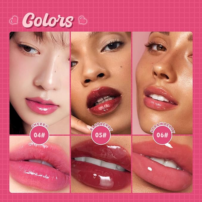Lip Plumper Gloss High-Shine Liquid Lip Plumping Color, Long-Lasting Plumper Pout, Moisturizing, Non-Sticky With Natural Ginger Extract Portable 6 Colors (06#Strawberry)