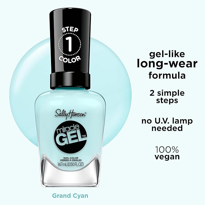 Sally Hansen Miracle Gel™, Grand Cyan, Long Lasting, Gel-Like Formula, No UV Lamp Needed, Blue Nail Polish