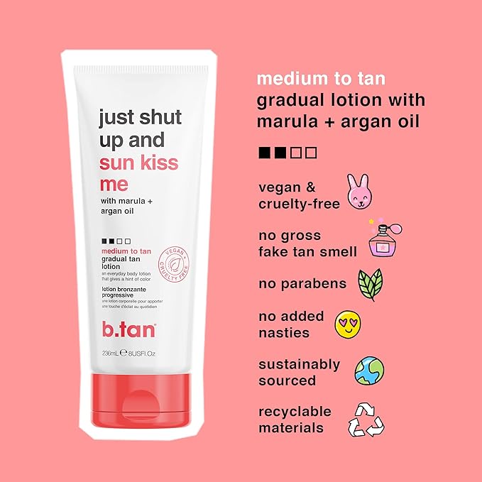 b.tan Medium Gradual Self Tanning Lotion | Just Shut Up and Sun Kiss Me Everyday Glow Lotion - Develop a Bronzed Glow, Infused With Marula + Argan Oil, Vegan, Cruelty & Paraben Free, 236ml