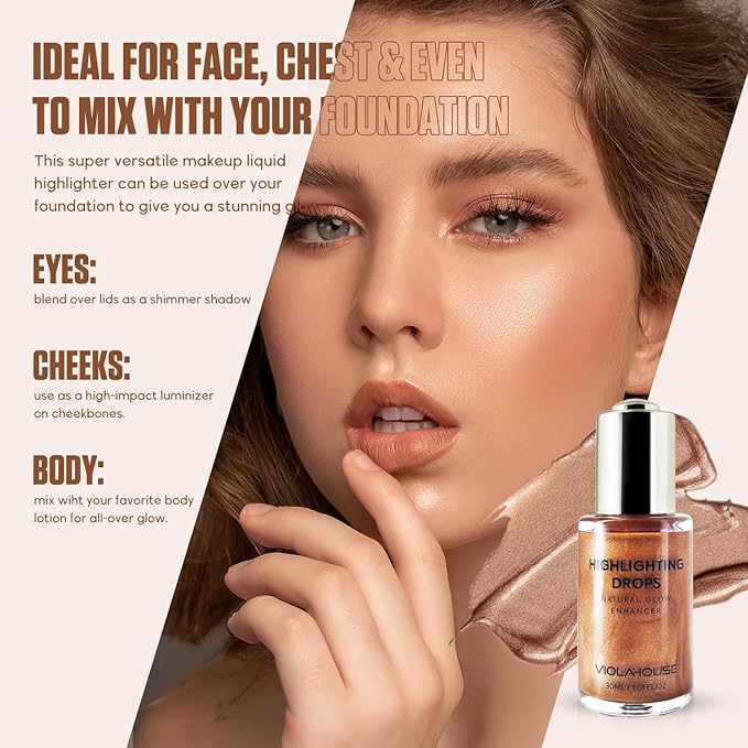 VIOLA HOUSE Liquid Highlighter Drops, Glitter Illuminator Blend (5 Candlelight) 30ml