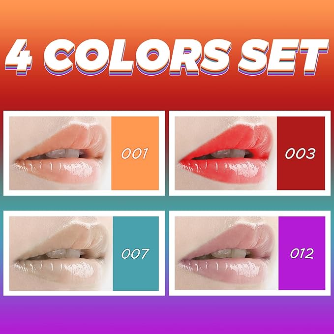 Plumping Lip Oil, 4PCS Hydrating Lip Glow Gloss Moisturizing Tinted Lip Balm Lasting Nourishing Protects Soothes, Comforts Transparent Lip Care Toot, Natural Ingredients Non-sticky Big Brush Glitter Primer Lip Tint (SET A)