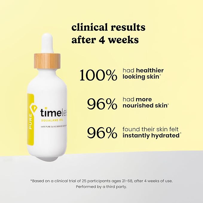 Timeless Skin Care Squalane Oil 100% Pure - Plant-Based Face Oil - Fragrance-Free - For Dry Skin - Moisturizing - 2 oz