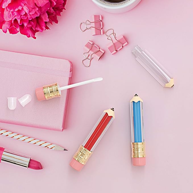 RONRONS 12 Pieces Pencil Lip Gloss Tubes, Empty Mini Pencil Shaped Lip Gloss Tubes Containers Clear Lip Balm Tube Plastic Refillable Bottle for Women Girls Gifts, 5ml