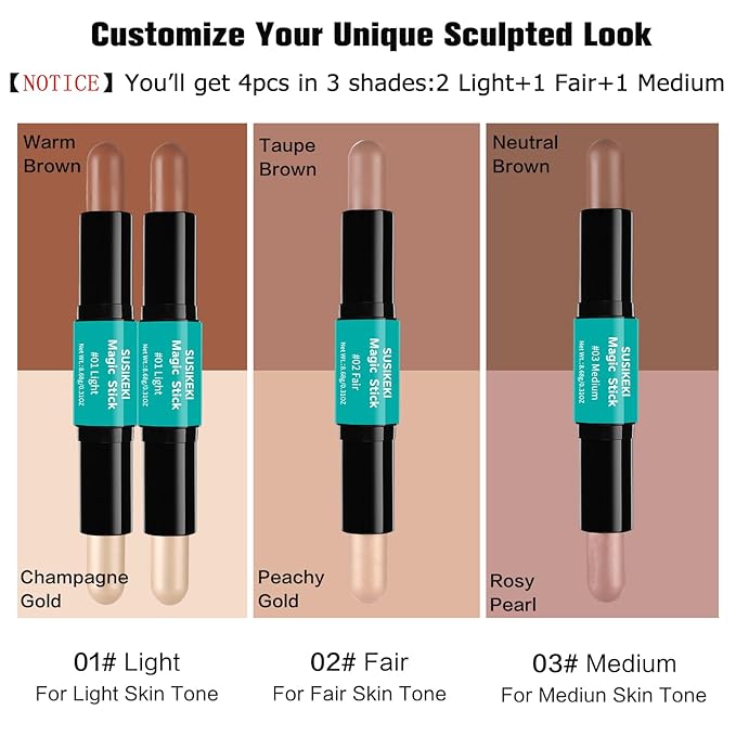 Contour Stick, 4Pcs Dual-Ended Highlighter Makeup Pen & A+Set B)