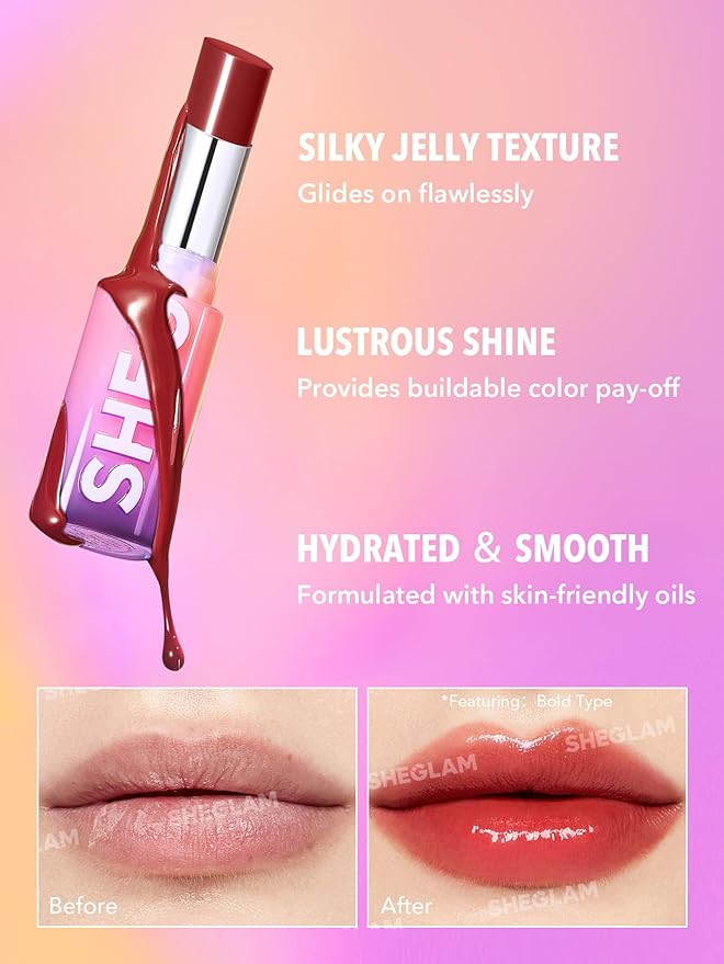 SHEGLAM Mirror Kiss High-Shine Lipstick Silky Jelly Texture Hydrated&Smooth Lip Gloss-Rent Free