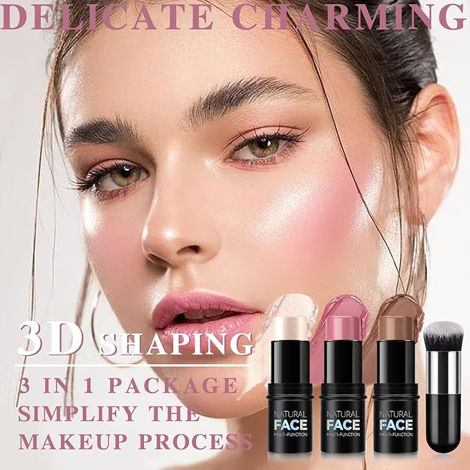 3 Pcs Cream Blush Contour Highlighter Stick for Cheeks Eyes Lips Lightweight Dewy Finish Blush Stick Waterproof Long Lasting Contour Stick Trio Wand Face Makeup Set for Girls and Women (2+5+6)