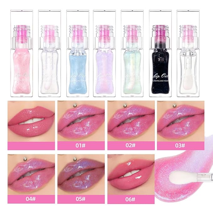 Magic Color Changing Lip Oil Ph, Glitter Lip Gloss, Upgraded Big Brush Head Moisturizing Lip Oil Long Lasting Nourishing Lip Glow Oil Non-Sticky Primer Lip Tint (# 06, 0.3 Oz)
