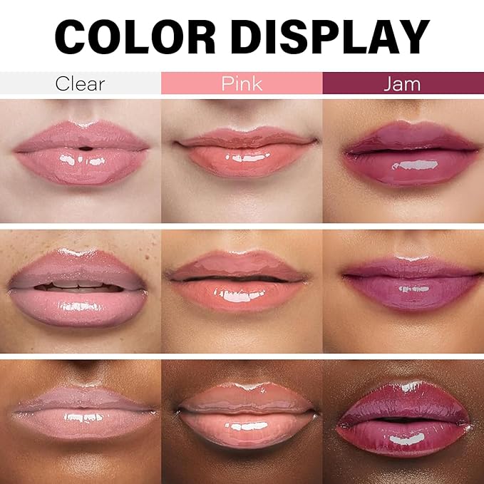 3 Colors Glow Lip Oil Tinted, Nourishing Tinted Lip Glow Oil For A High-shine Finish, Moisturizing Fat Oil for Dry Lip, Shiny and Vegan Tinted Lip Oil (Clear+Jam+Pink)