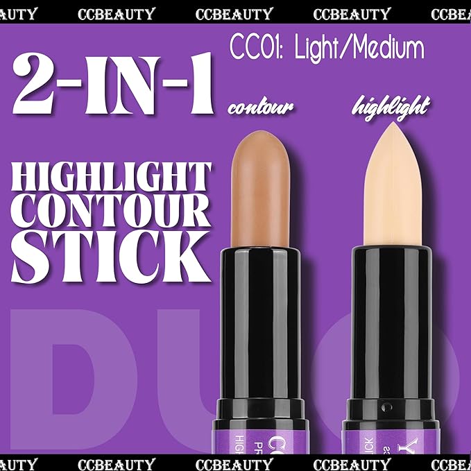 CCbeauty 2pcs 2-IN-1 Matte Contour Highlighter Stick with