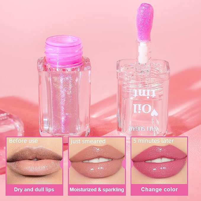 Magic Color Changing Lip Oil, Lip Oil Color Changing, Hydrating Lip Gloss Warm Change, Big Brush Color Changing Lip Oil, Lip Changing Oil Long Lasting Shimmery, Non-sticky Primer Lip Tint