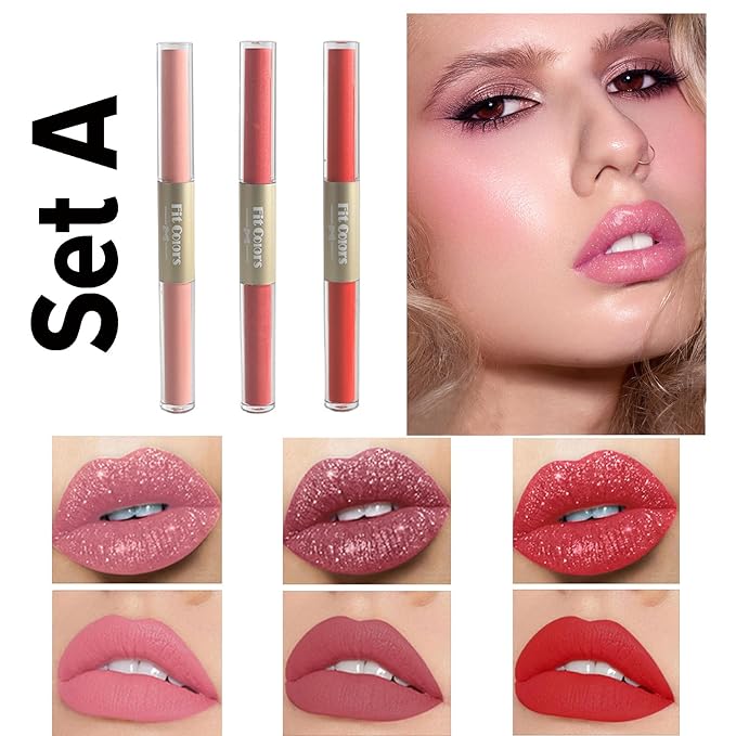 Double-end 2-in-1 Matte & Shimmery Lip Gloss Set, 3 PCS/Set (Set A, 3pcs)