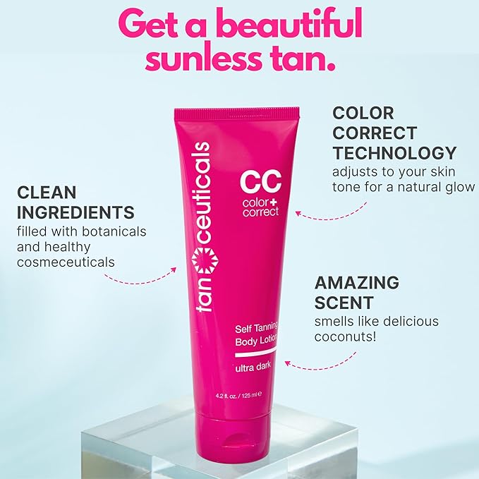 Tanceuticals CC Self Tanning Body Lotion - Ultra Dark Self Tanner, Color Correcting Natural Looking Sunless Tan – Quick Fake Tan, Bronze Glow - Fresh Coconut Scent and Healthy Ingredients