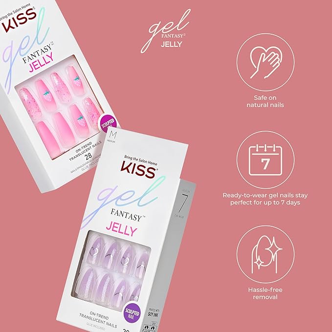 KISS Gel Fantasy, Press-On Nails, Nail glue included, 'One Day Jelly', Light Purple, Medium Size, Almond Shape, Includes 28 Nails, 2G Glue, 1 Manicure Stick, 1 Mini File