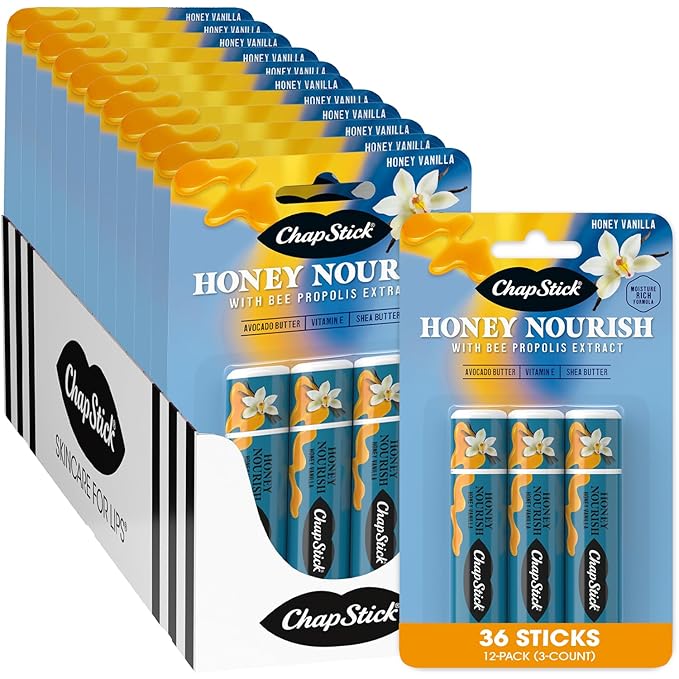 ChapStick Bulk Lip Balm, Honey Vanilla 3-Packs (12 Sets/36 Tubes) – Honey Nourish Lip Care Formula with Bee Propolis Extract, 0.15 Oz Ea