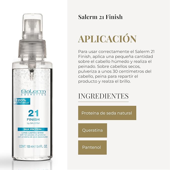 SALERM - Illuminating Hair Spray - Salerm 21 Finish - 100 ml - with Silk Proteins - Final Illuminating Touch - Hydrates and Adds Shine to Hair - Immediate Result - Heat Protector